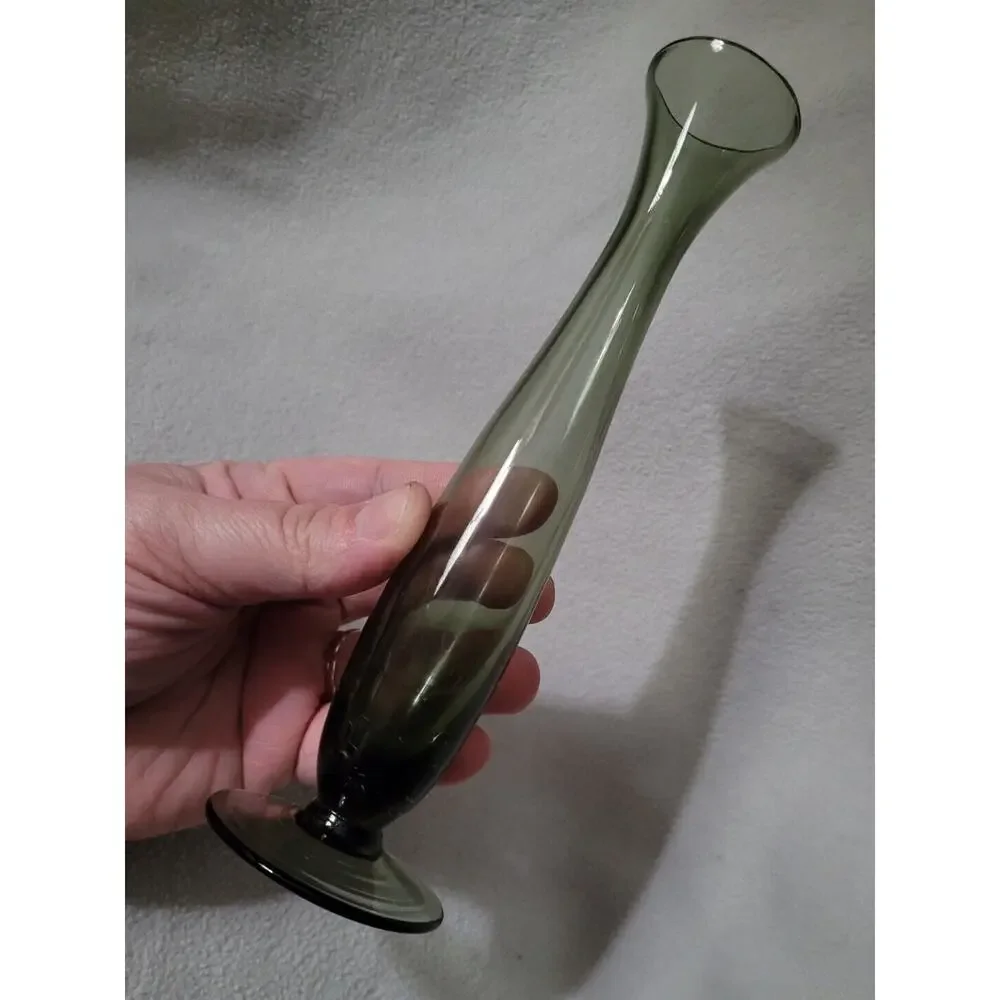Vintage Gray Depression Swung Vase Blown Glass Smokey